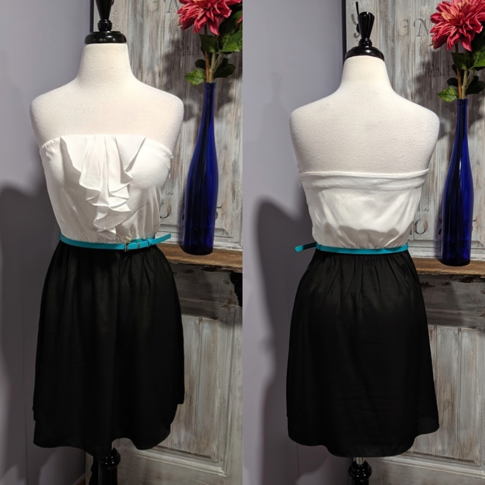 Express Black and White Strapless Dress with Belt